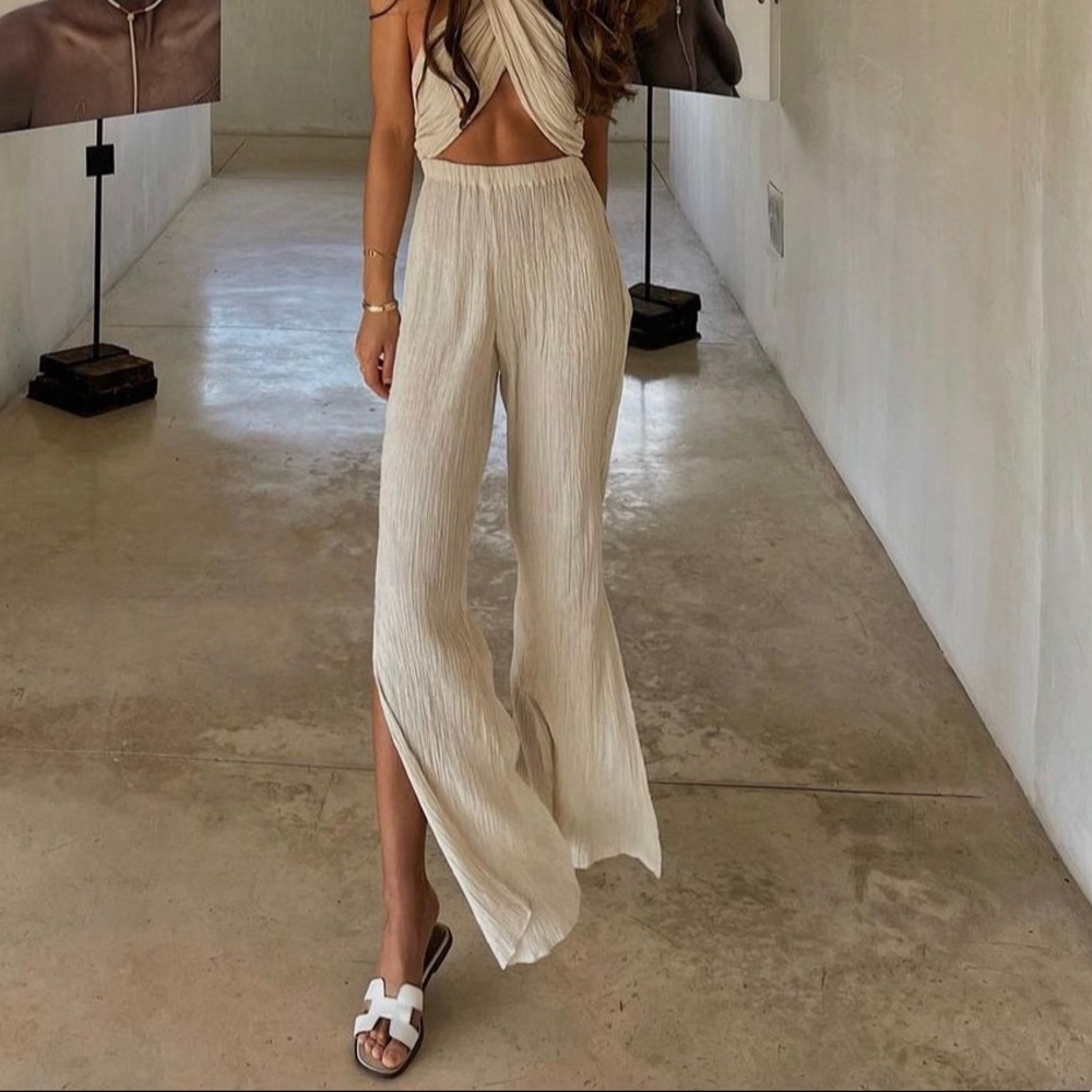 ZARA NWT BEIGE FULL LENGTH CRINKLED PLEATED PANTS SIZE MEDIUM